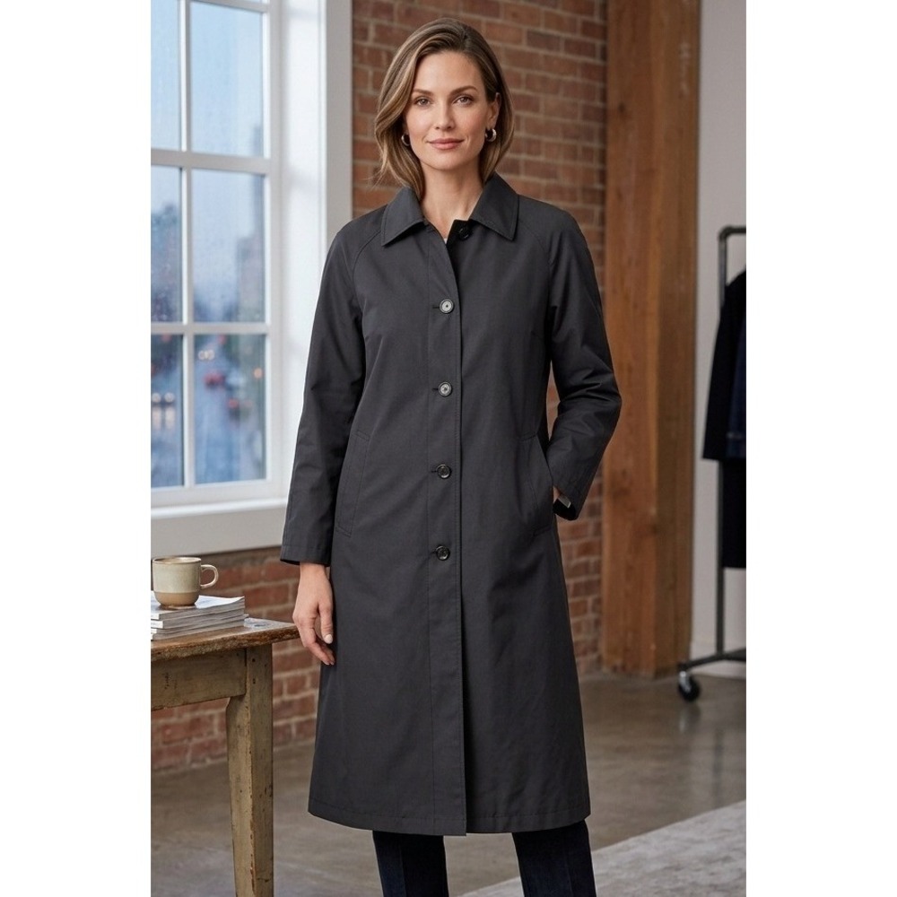 Talbots Petites Long Trench Coat Women's Size 6 Black Button Front Lined Pockets